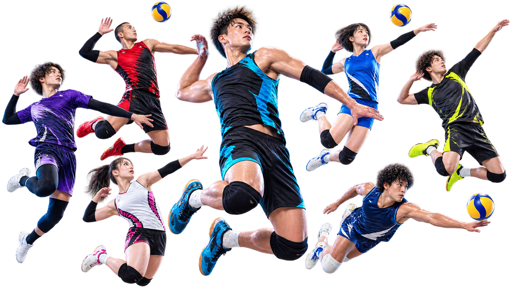 異なる角度からスパイクを放つ7人の選手