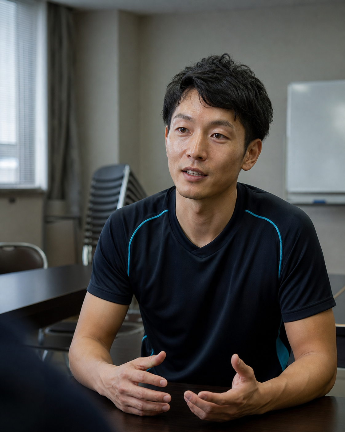会議室でインタビューを受けるバレーボールウェア姿の人物（イメージ）